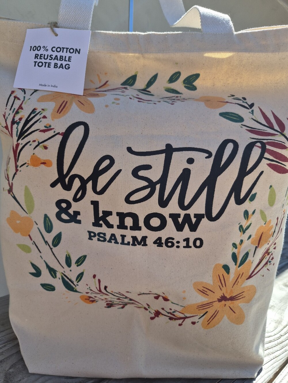 Ex-Large 100% Cotton Floral Canvas Tote Bag. 'Be Still & Know That I Am God' - Picture 3 of 4
